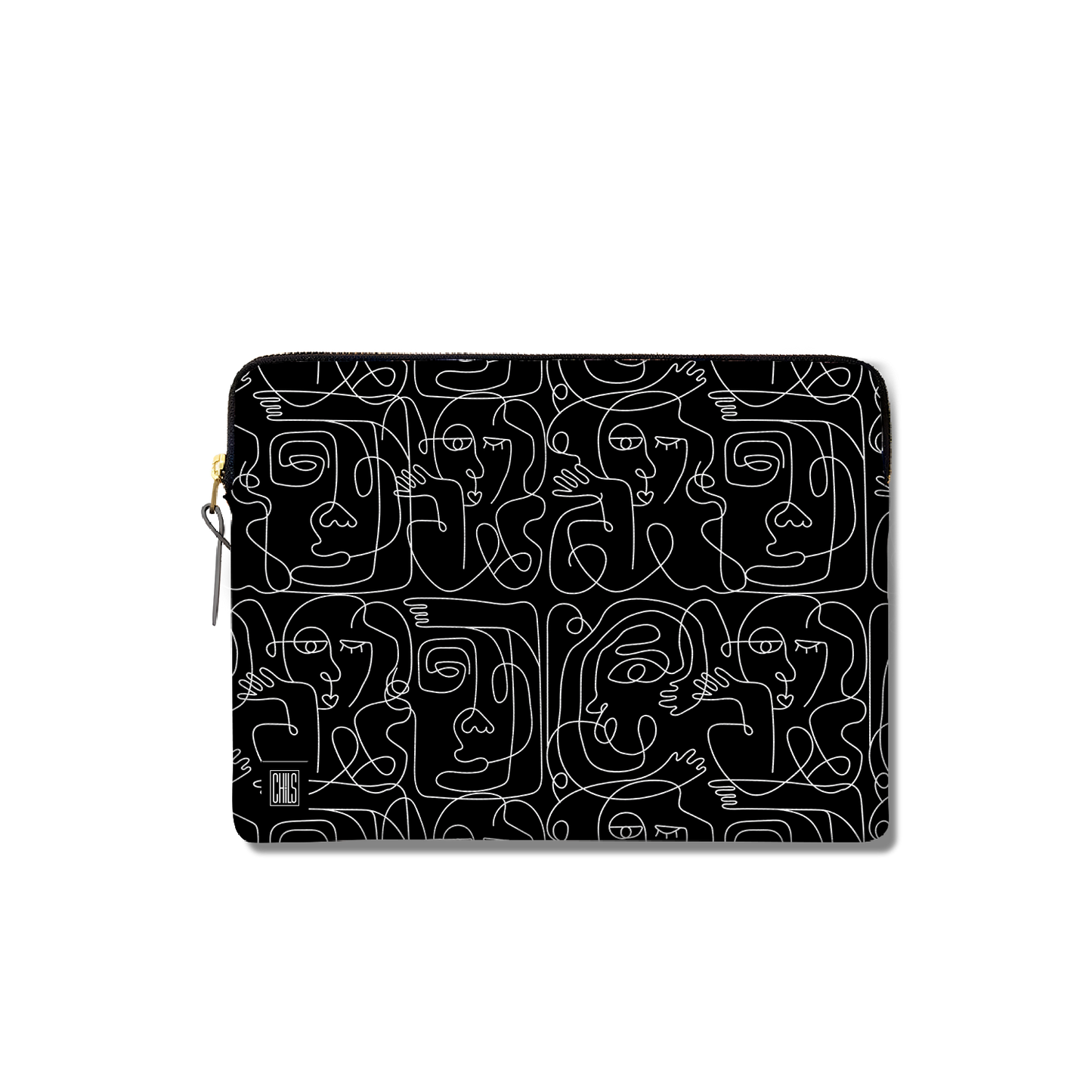 Housse Ordinateur & Tablette | Collection One Line | Visages Carrés Abstraits – Blanc sur Fond Noir