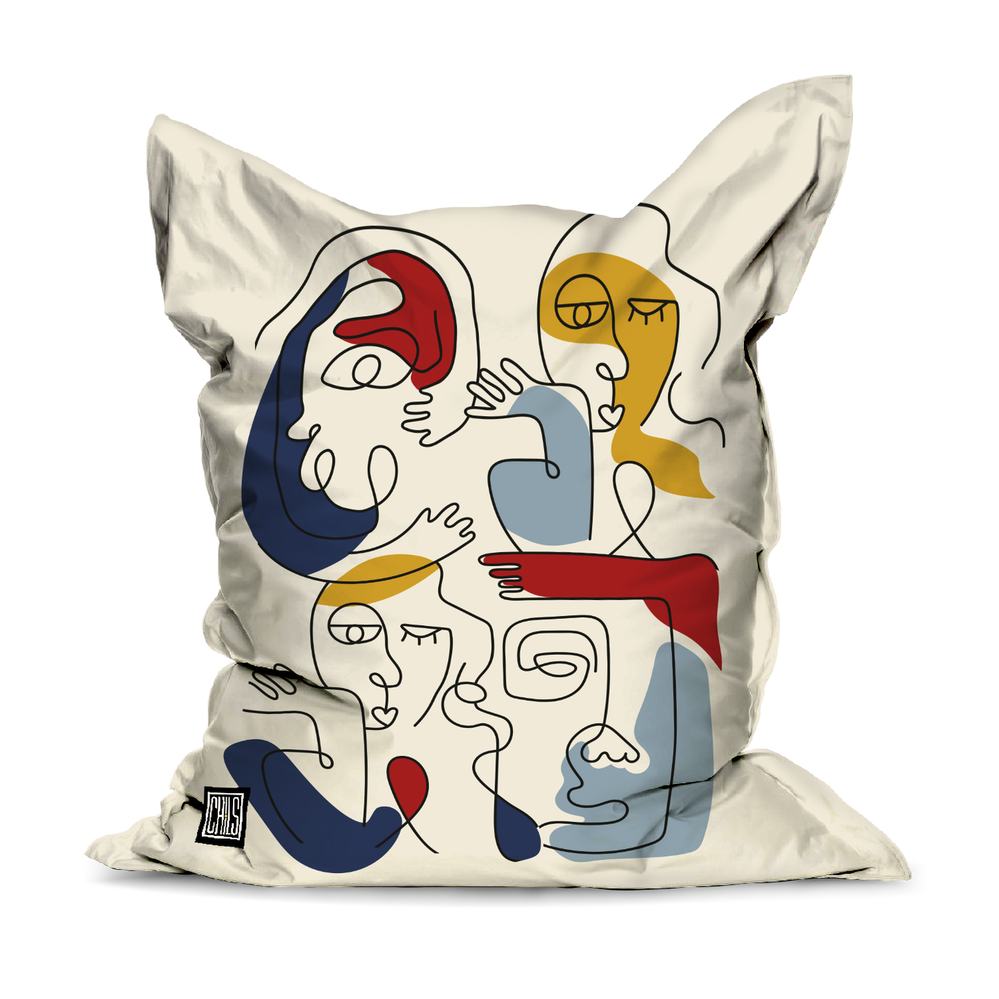 Pouf Géant | Collection One Line | Faces en Réseau – Couleurs Vives sur Fond Beige