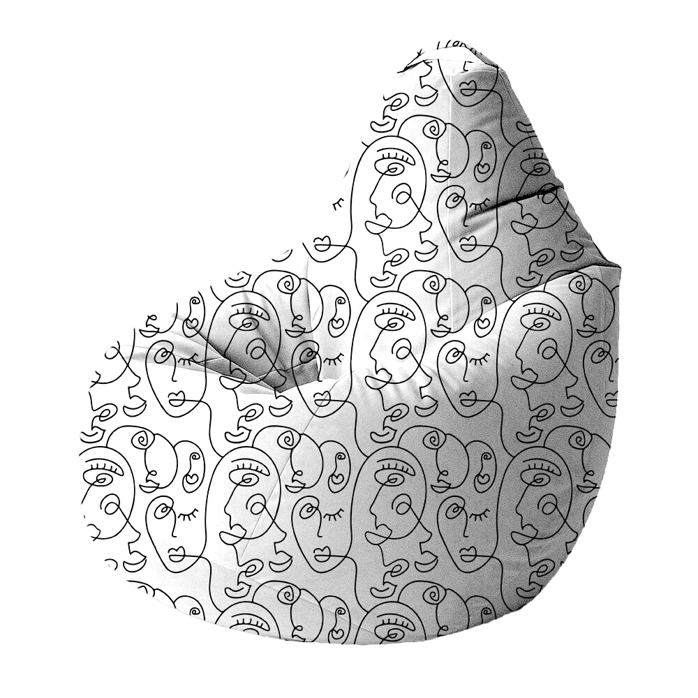 Bean Bag | Collection One Line | Visages Arrondis Abstraits – Noir sur Fond Blanc