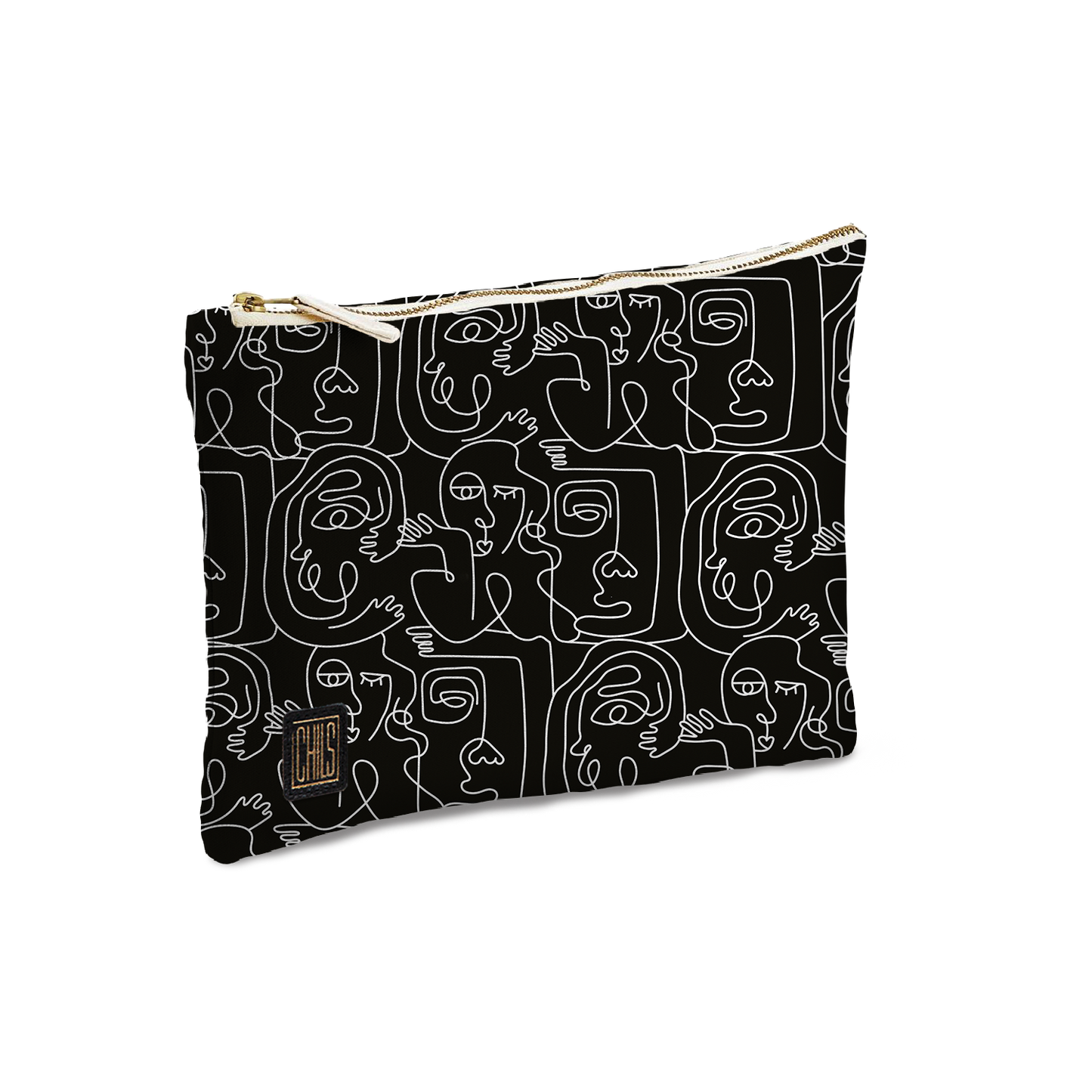 Pochette & Mini-Pochette | Collection One Line | Visages Carrés Abstraits – Blanc sur Fond Noir