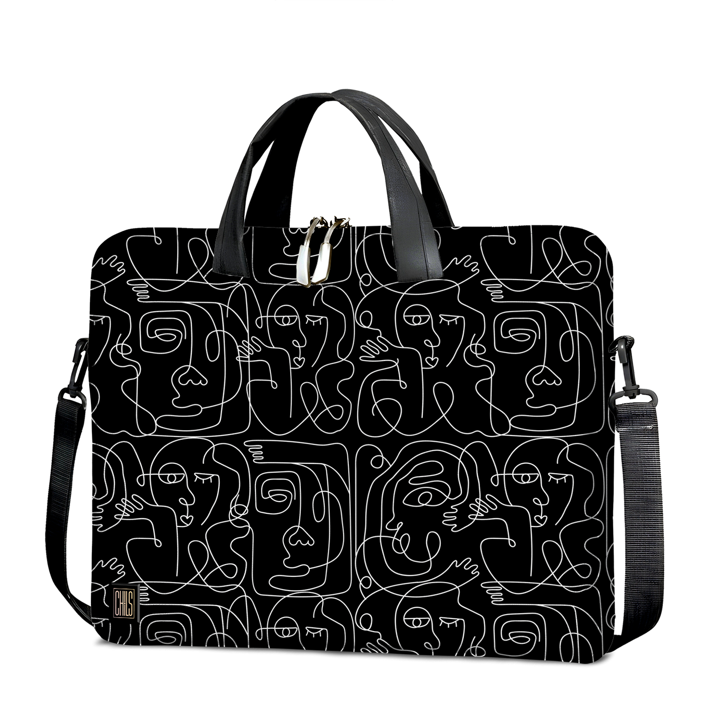 Sac à Bandoulière | Collection One Line | Visages Carrés Abstraits – Blanc sur Fond Noir