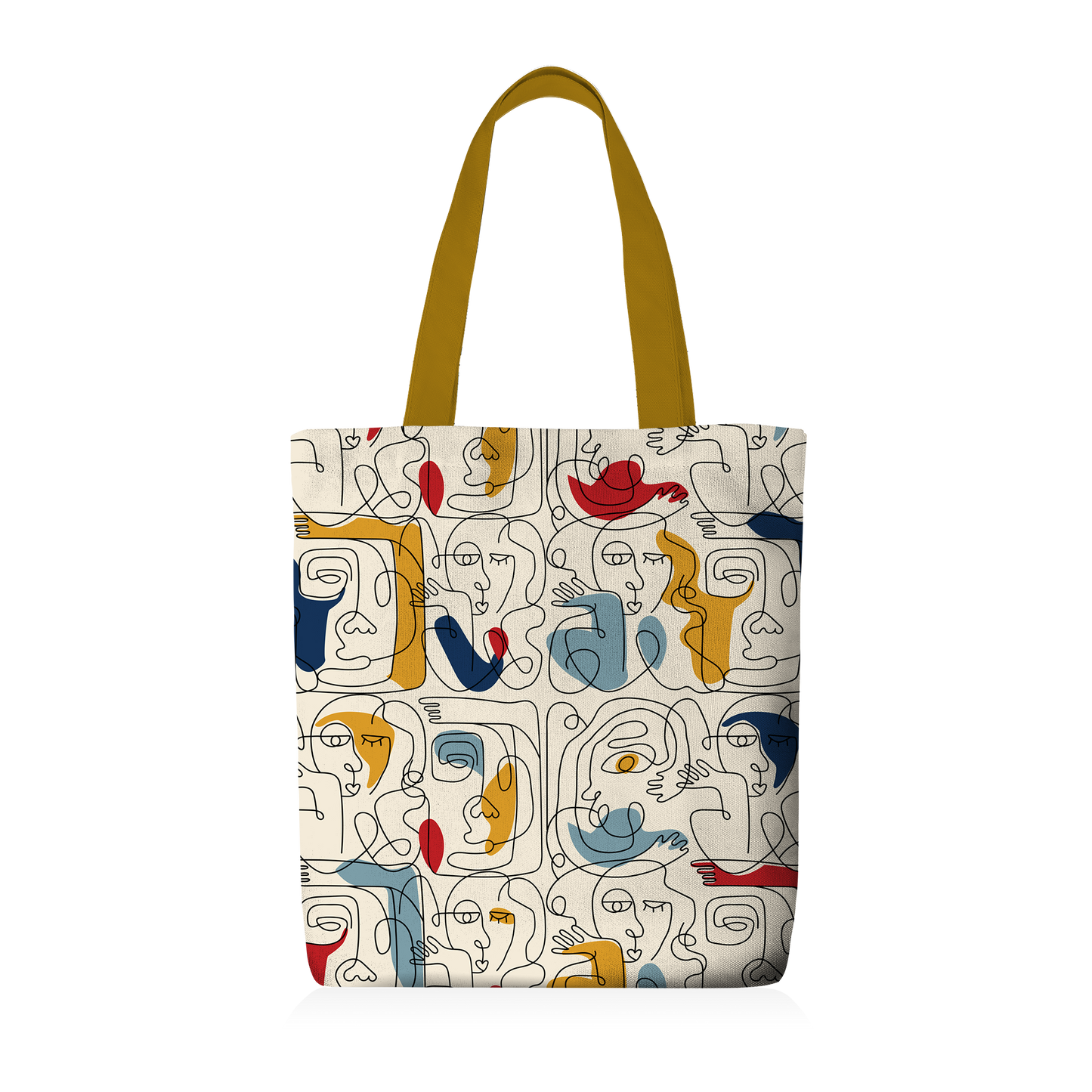 Tote Bag | Collection One Line | Visages Carrés Abstraits Colorés – Fond Beige (Anses Ocres)