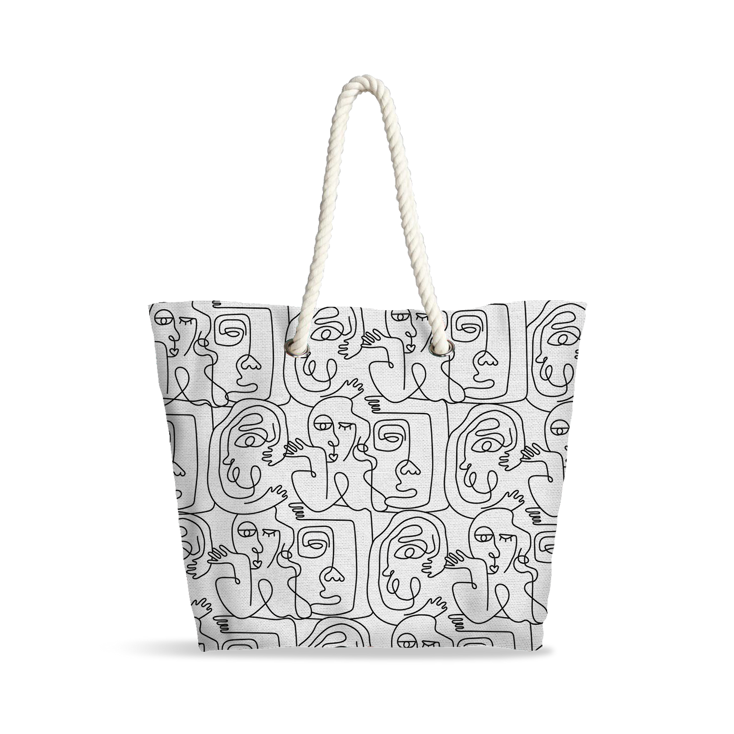 Sac Cabas | Collection One Line | Visages Carrés Abstraits – Noir sur Fond Blanc