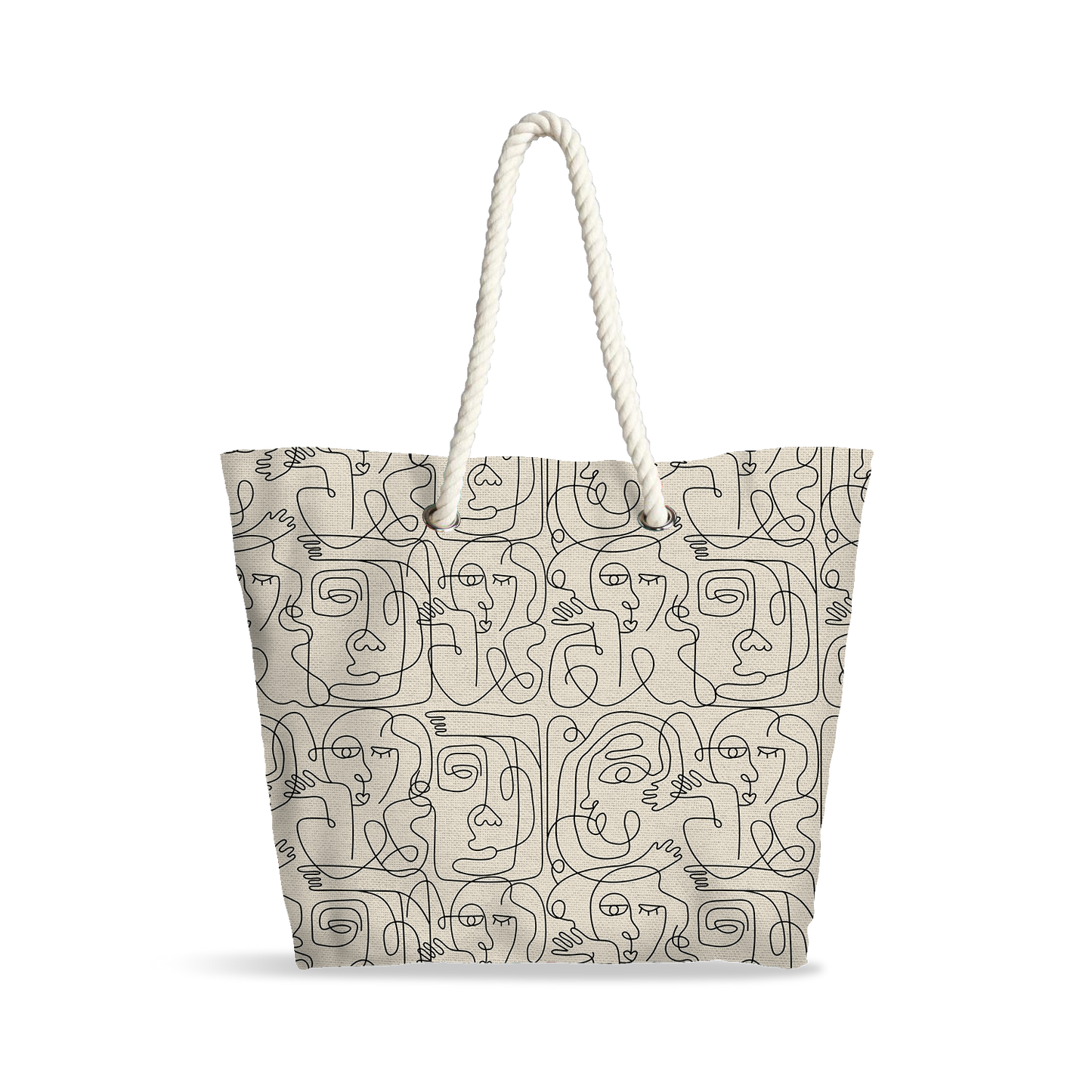 Sac Cabas | Collection One Line | Visages Carrés Abstraits – Noir sur Fond Beige