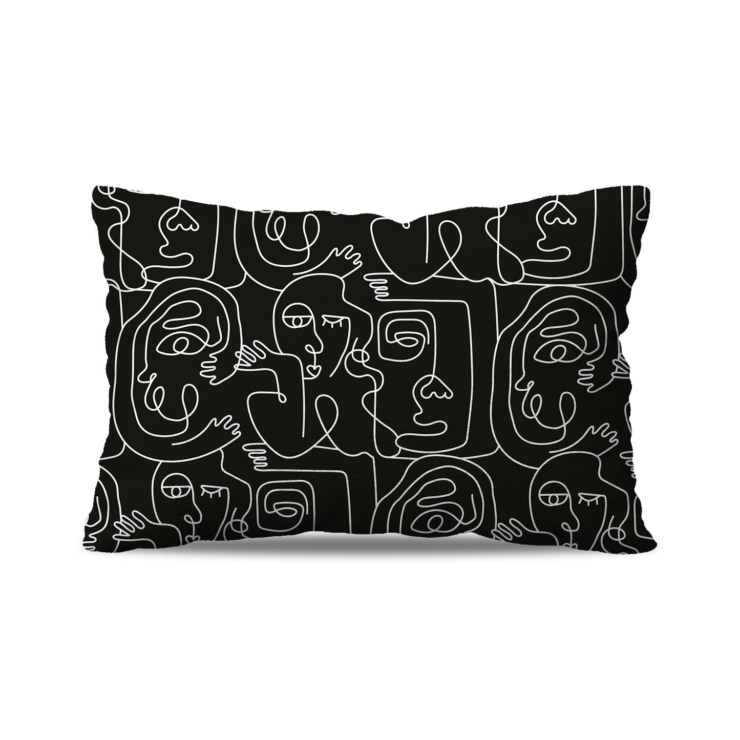 Coussin Rectangle | Collection One Line | Visages Carrés Abstraits – Blanc sur Fond Noir (Grand Format)