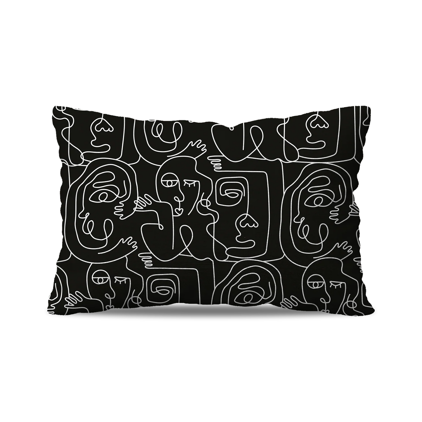 Coussin| Collection One Line | Visages Carrés Abstraits – Blanc sur Fond Noir (Grand Format)