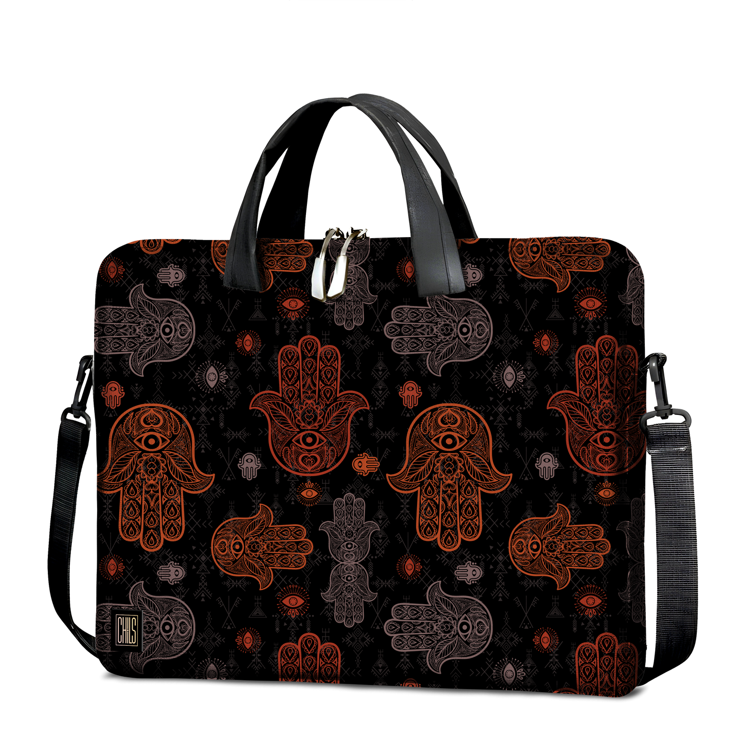 Sac à Bandoulière pour Ordinateur | Collection Berbère | Khmissa – Ombre Sacrée – Rouge & Gris
