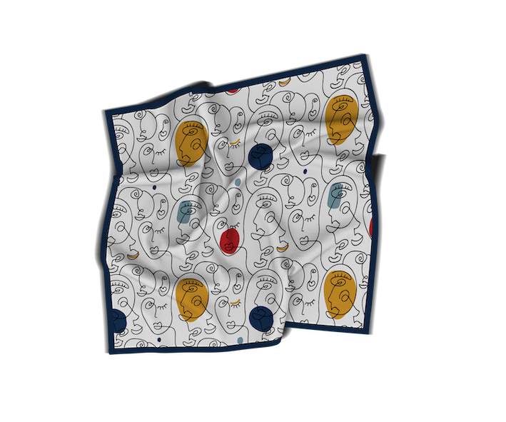 Carré en Soie Technique | Collection One Line | Visages Arrondis Abstraits Colorés- fond Blanc& liseret marine