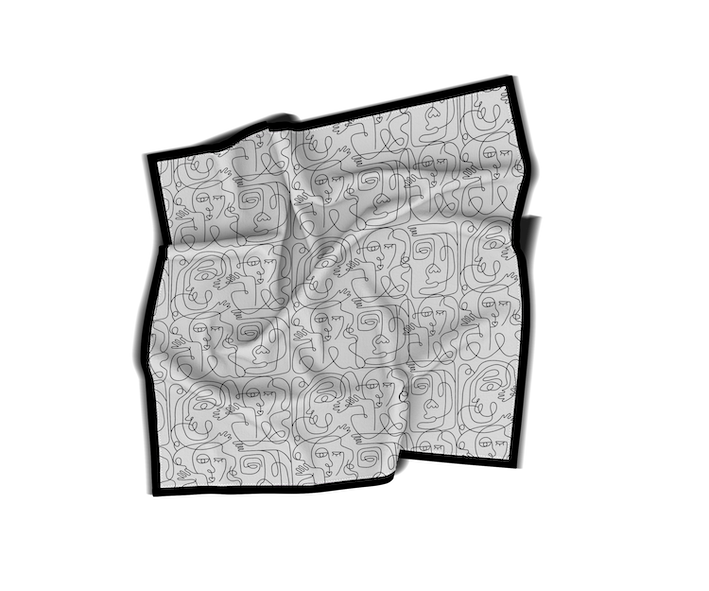 Foulard en Soie Technique | Collection One Line | “Visages Abstraits – Noir et Blanc” (Motifs fins et délicats)