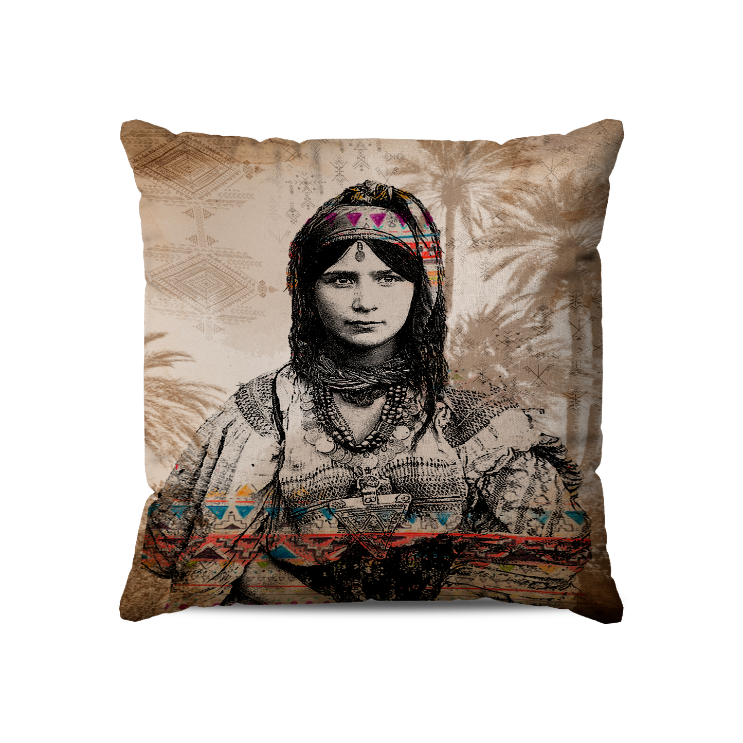 Coussin Carré | Collection Berbère | Azilal – Frise Colorée et Palmiers