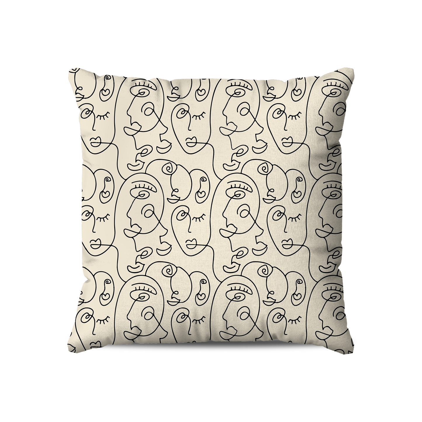 Coussin Carré | Collection One Line | Visages Arrondis Abstraits – Noir sur Fond Beige