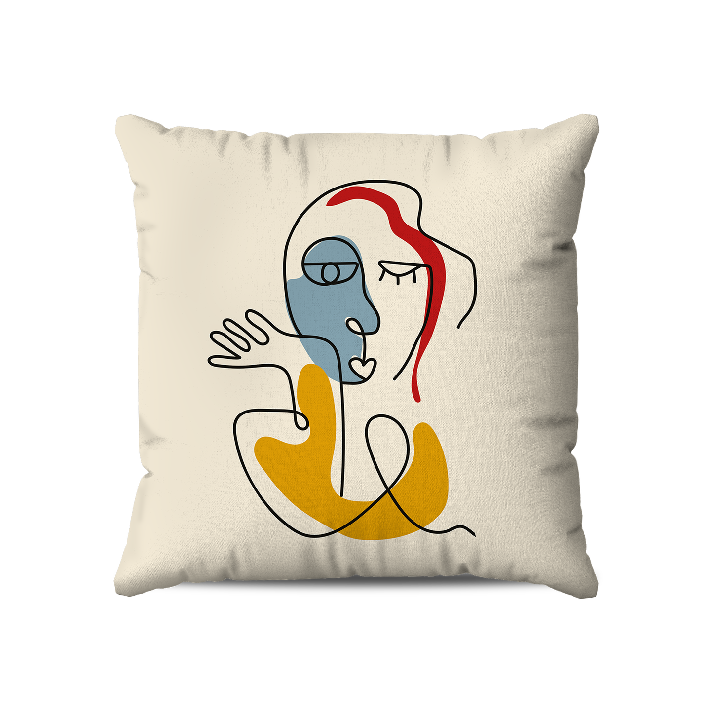 Coussin Carré | Collection One Line | Portrait Minimal Femme – Couleurs Vives sur Fond Beige