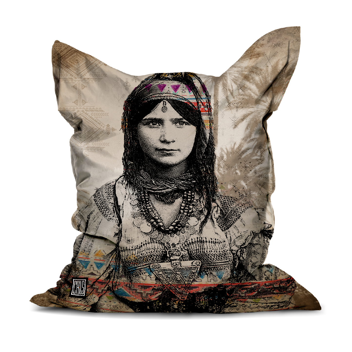 Pouf Géant | Collection Berbère | “Azilal Tribal – Frise Colorée”