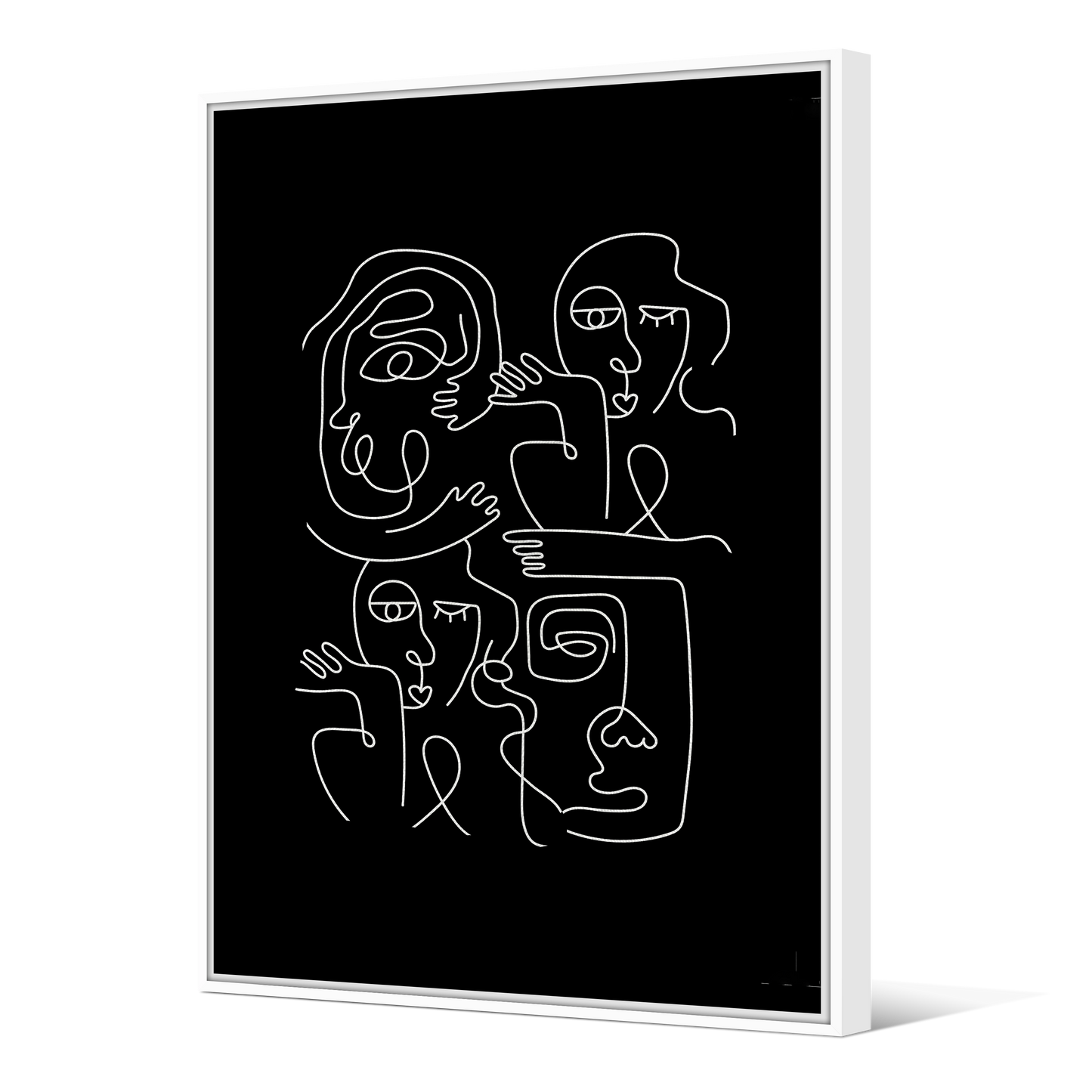 Tableau avec Cache-Clou | Collection One Line | Faces en Réseau – Blanc sur Fond noir