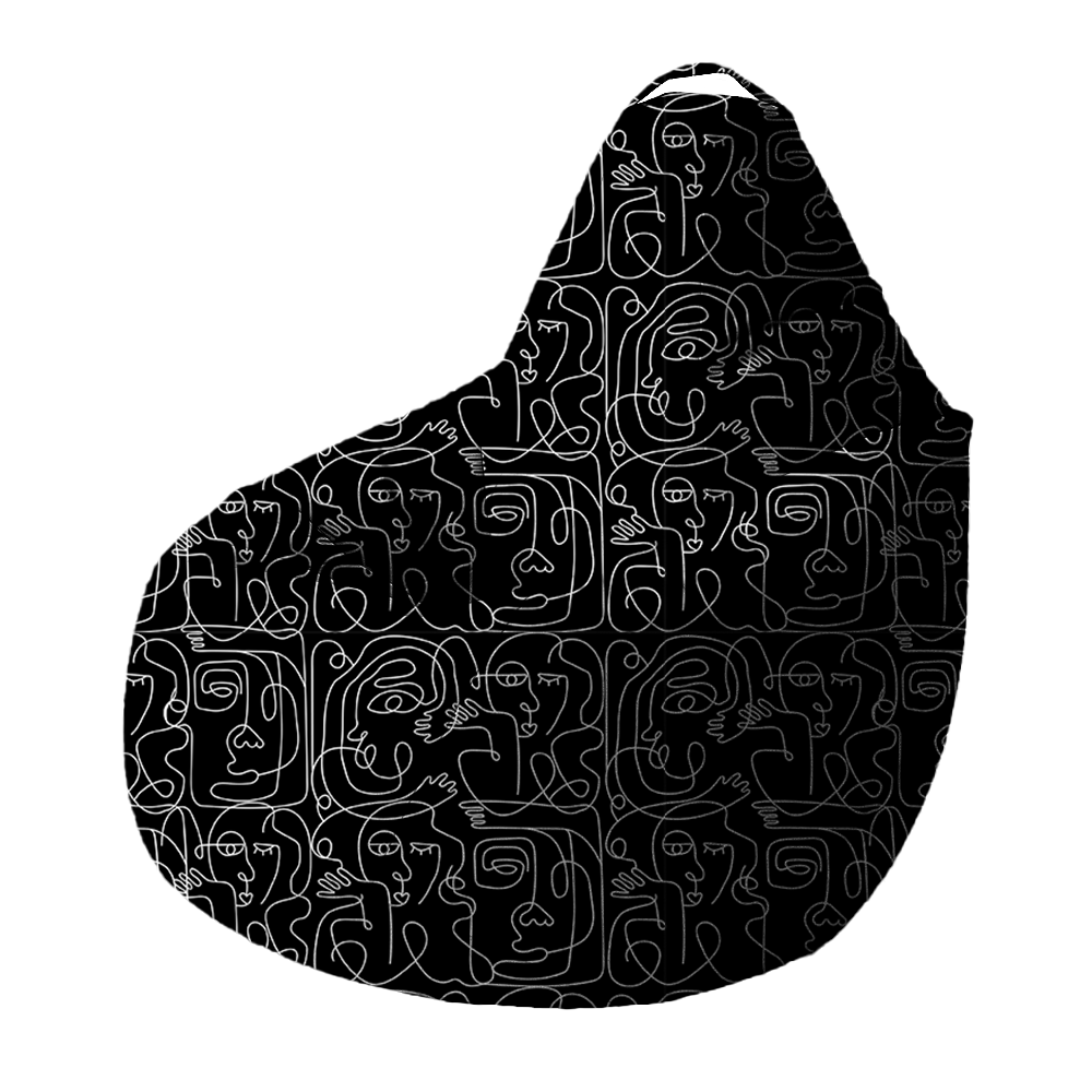Bean Bag | Collection One Line | Visages Carrés Abstraits – Blanc sur Fond Noir