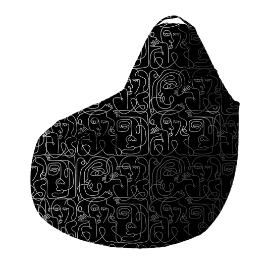 Bean Bag | Collection One Line | Visages Carrés Abstraits – Blanc sur Fond Noir
