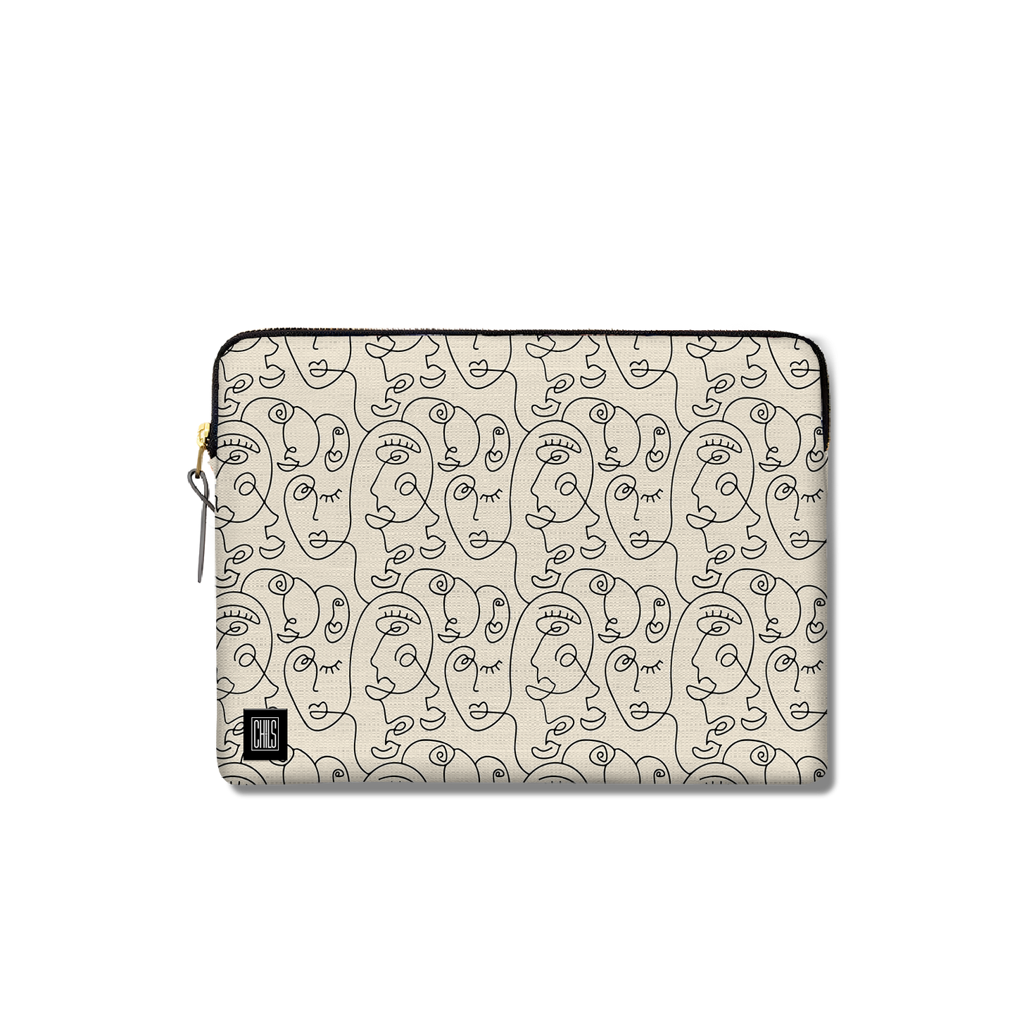 Housse Ordinateur & Tablette | Collection One Line |  Visages Arrondis Abstraits – Noir sur Fond Beige