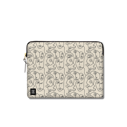 Housse Ordinateur & Tablette | Collection One Line |  Visages Arrondis Abstraits – Noir sur Fond Beige