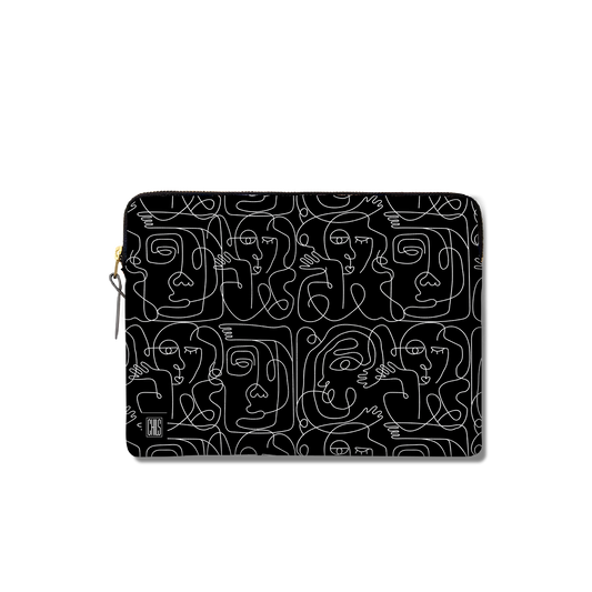 Housse Ordinateur & Tablette | Collection One Line | Visages Carrés Abstraits – Blanc sur Fond Noir