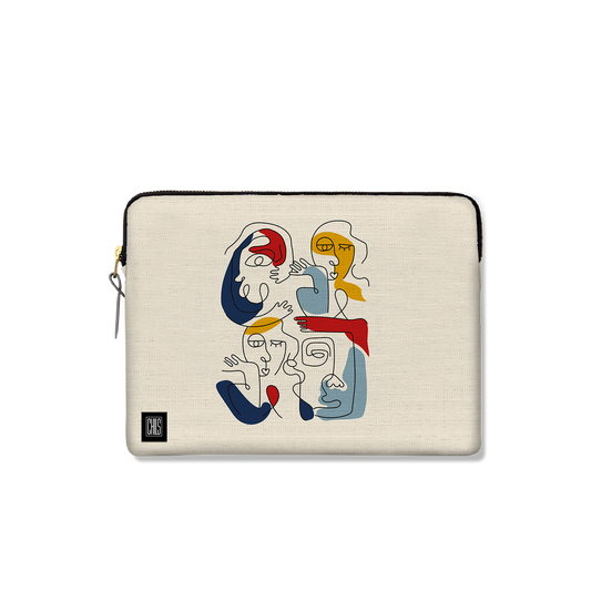 Housse Ordinateur & Tablette | Collection One Line |  Faces en Réseau – Couleurs Vives sur Fond Beige