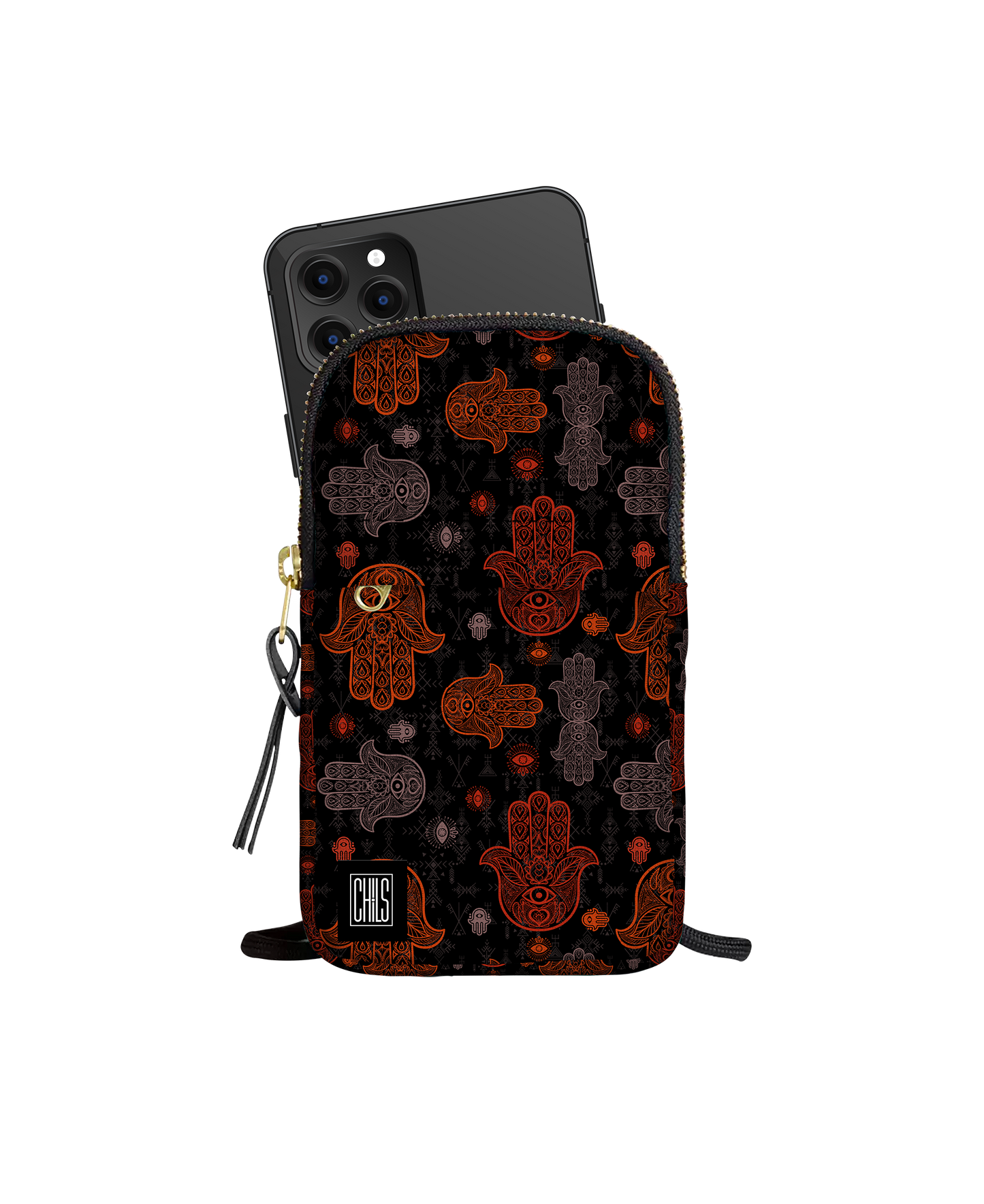 Porte Téléphone | Collection Berbère | Khmissa – Ombre Sacrée – Rouge & Gris