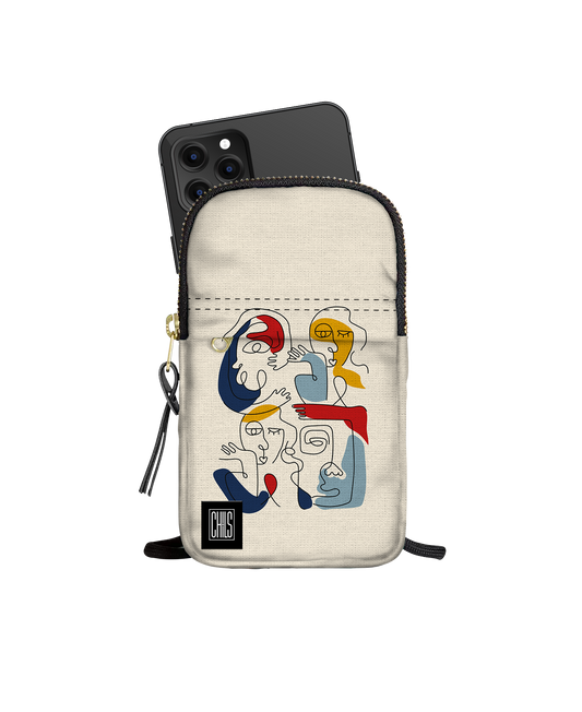 Porte-Téléphone | Collection One Line | Faces en Réseau – Couleurs Vives sur Fond Beige