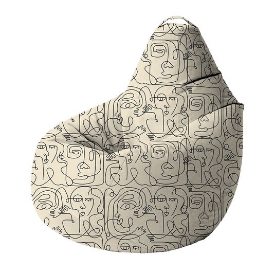 Bean Bag | Collection One Line | Visages Carrés Abstraits – Noir sur Fond Beige