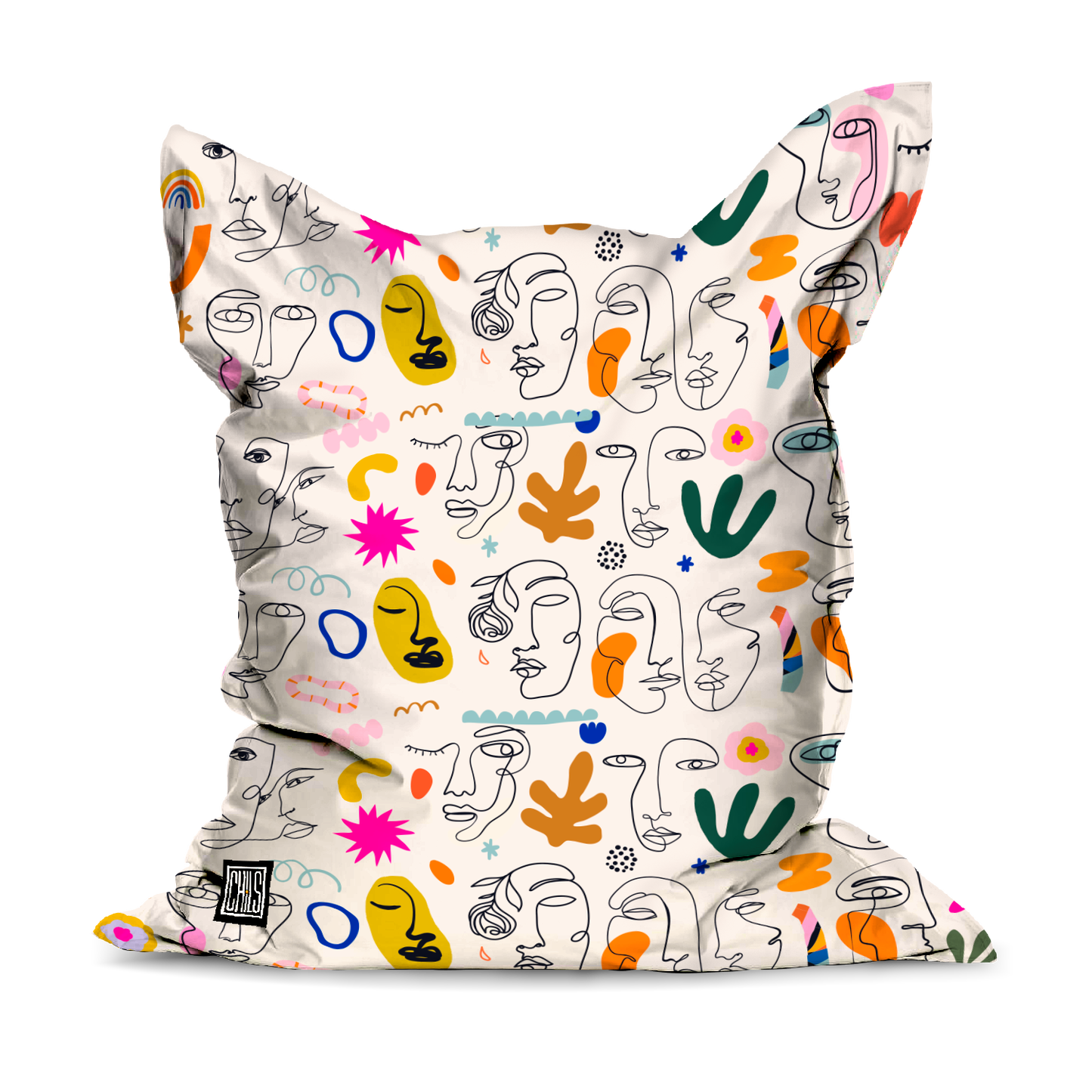 Pouf Géant | Collection One Line | Portraits en Couleurs – Fond Blanc Cassé