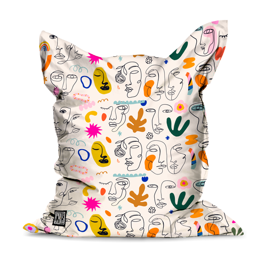 Pouf Géant | Collection One Line | Portraits en Couleurs – Fond Blanc Cassé