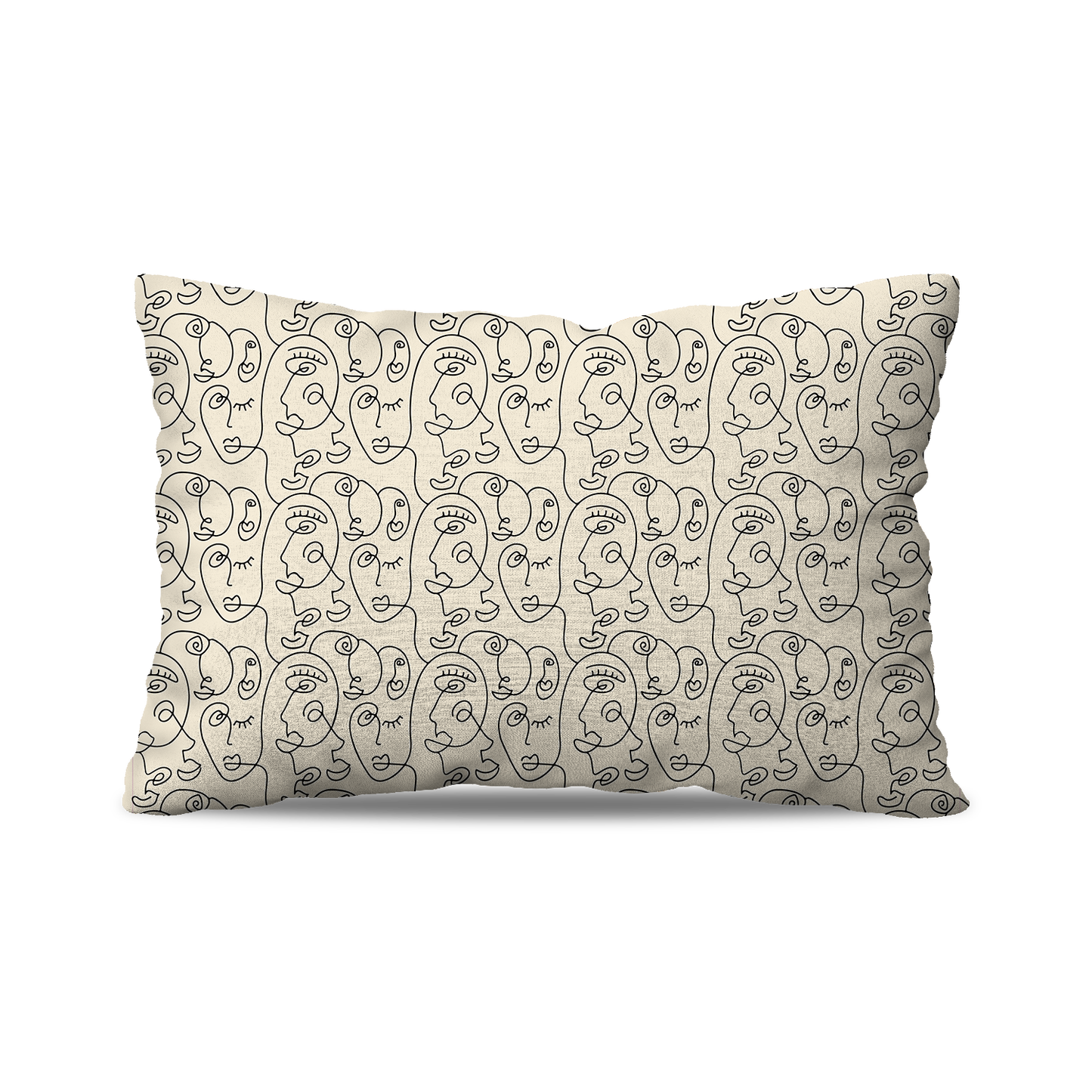 Coussin Rectangle | Collection One Line | Visages Arrondis Abstraits – Noir sur Fond Beige
