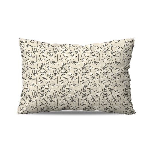 Coussin Rectangle | Collection One Line | Visages Arrondis Abstraits – Noir sur Fond Beige