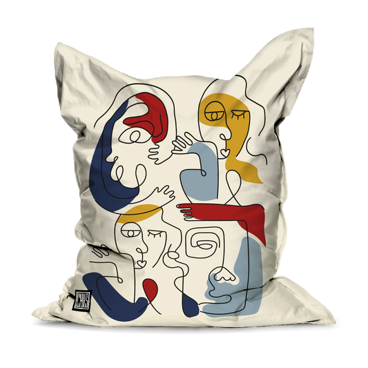 Pouf Géant | Collection One Line | Visages Arrondis Abstraits – Noir sur Fond Beige