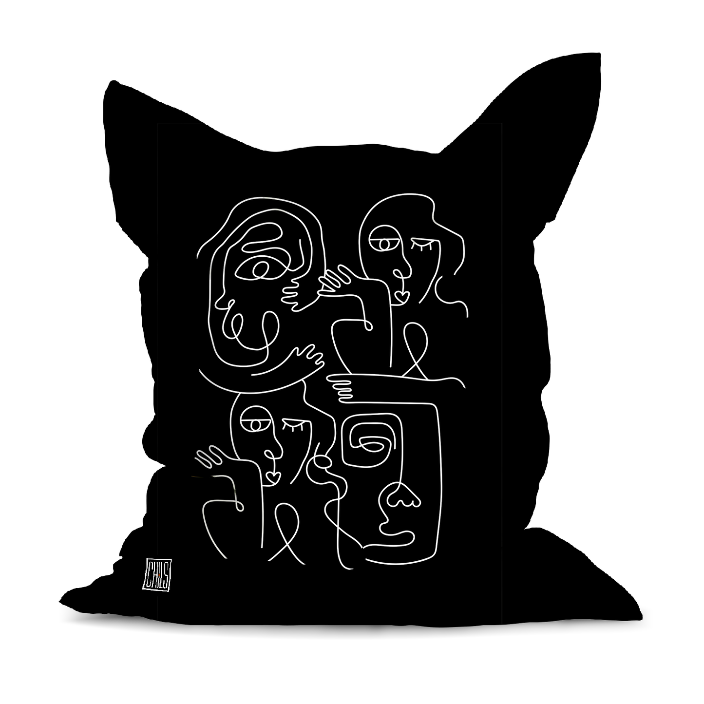 Pouf Géant | Collection One Line | Faces en Réseau – Blanc sur Fond Noir