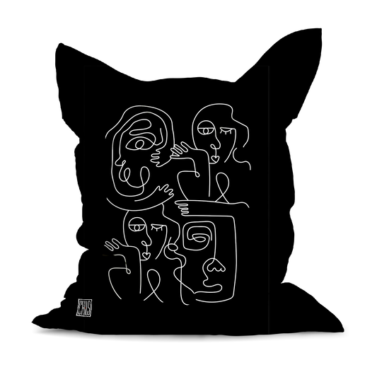 Pouf Géant | Collection One Line | Faces en Réseau – Blanc sur Fond Noir