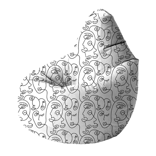 Bean Bag | Collection One Line | Visages Arrondis Abstraits – Noir sur Fond Blanc