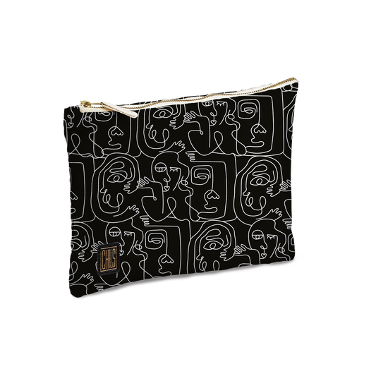 Pochette & Mini-Pochette | Collection One Line | Visages Carrés Abstraits – Blanc sur Fond Noir
