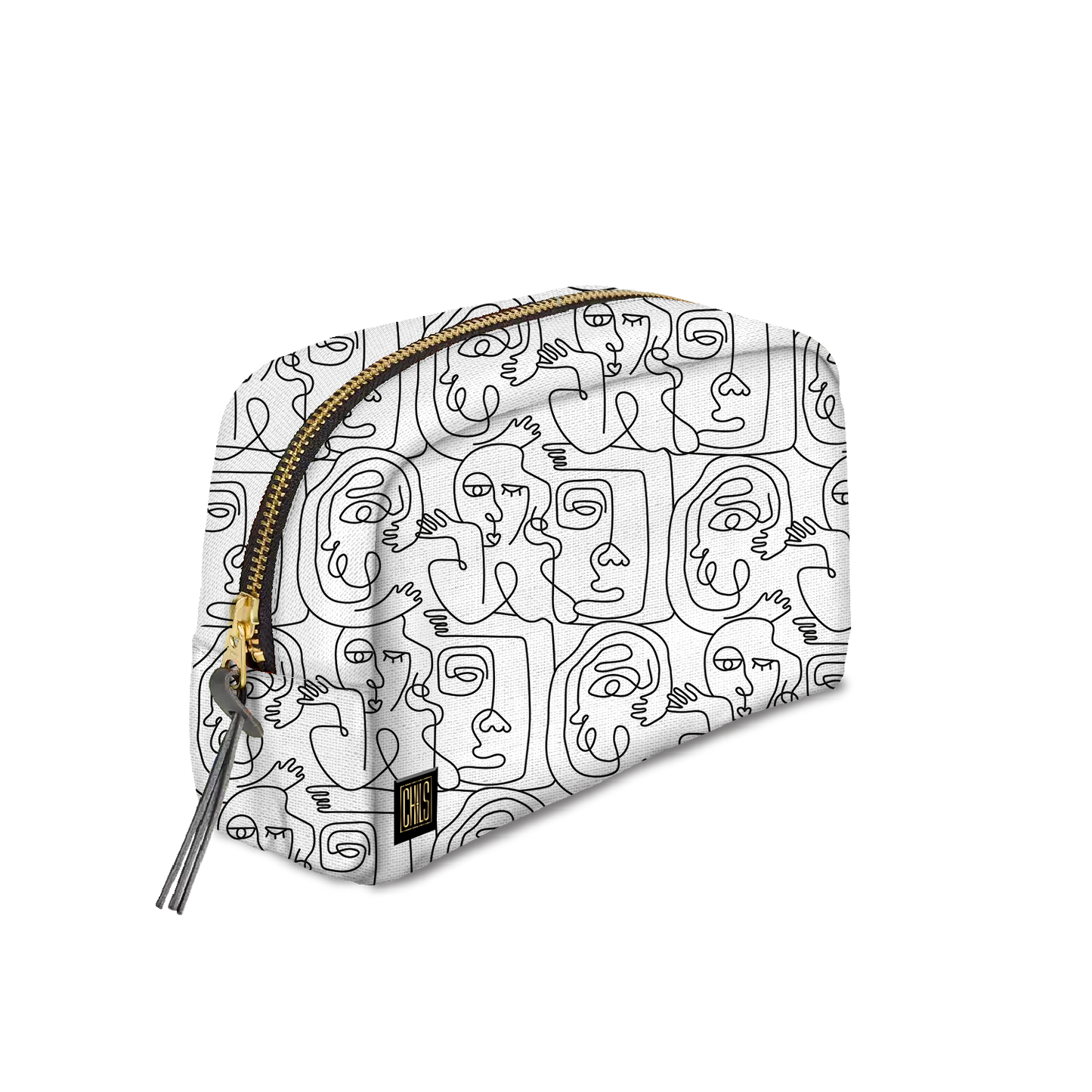 Trousse Classique | Collection One Line | Visages Carrés Abstraits – Noir sur Fond Blanc