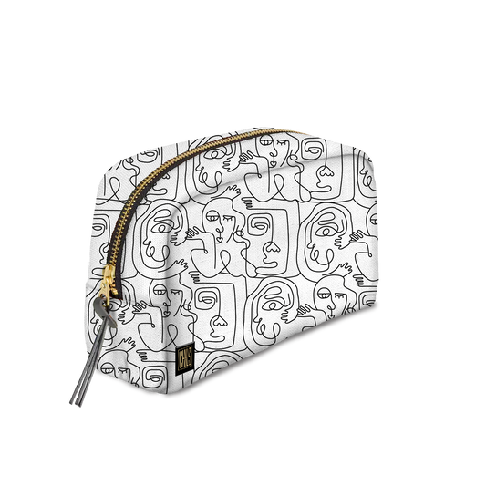 Trousse Classique | Collection One Line | Visages Carrés Abstraits – Noir sur Fond Blanc