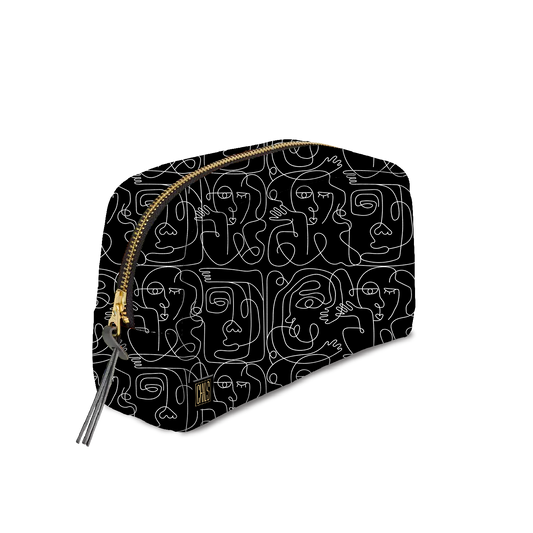 Trousse Classique | Collection One Line | Visages Carrés Abstraits – Blanc sur Fond Noir
