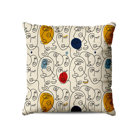 Coussin|  Collection One Line |  Visages Arrondis Abstraits Colorés – Fond Beige