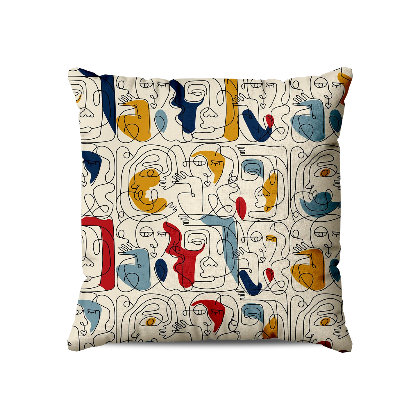 Coussin|  Collection One Line |  Visages Carrés Abstraits Colorés – Fond Beige