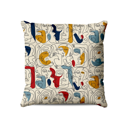 Coussin|  Collection One Line |  Visages Carrés Abstraits Colorés – Fond Beige