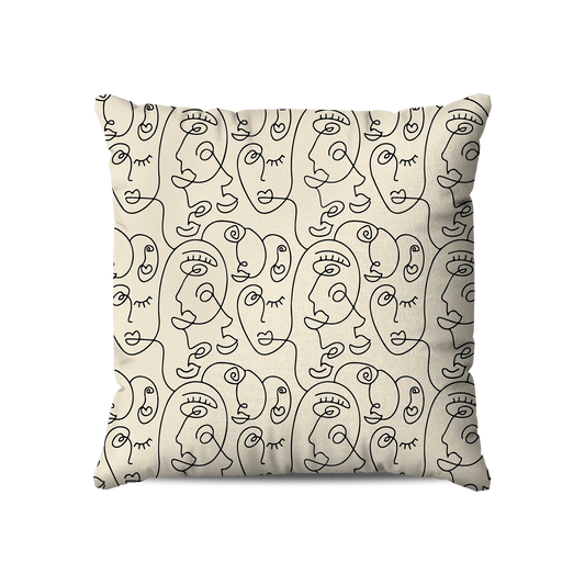 Coussin|  Collection One Line | Visages Abstraits Arrondis – Noir sur Beige