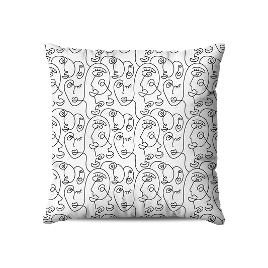 Coussin|  Collection One Line |  Visages Arrondis Abstraits – Noir sur Fond Blanc