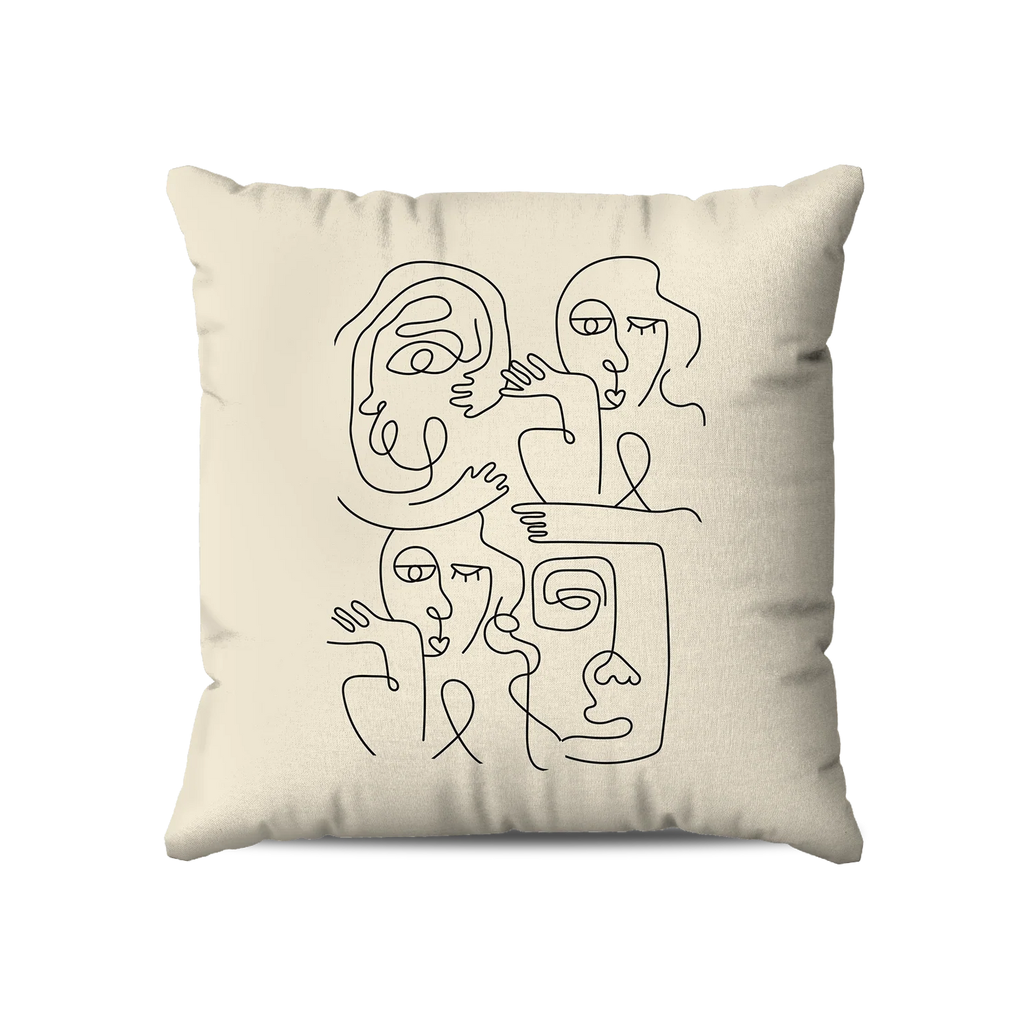 Coussin|  Collection One Line | Faces en Réseau – Traits Noirs sur Fond Beige