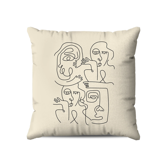 Coussin|  Collection One Line | Faces en Réseau – Traits Noirs sur Fond Beige
