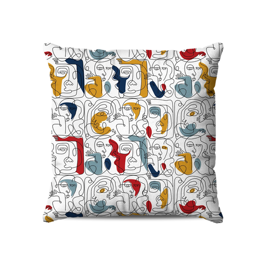 Coussin|  Collection One Line |  Visages Carrés Abstraits Colorés – Fond Blanc