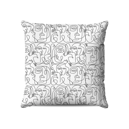 Coussin|  Collection One Line |  Collection One Line | Visages Carrés Abstraits – Noir sur Fond Blanc