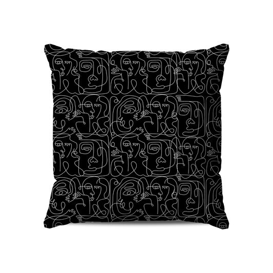 Coussin|  Collection One Line |  Collection One Line | Visages Carrés Abstraits – Blanc sur Fond Noir