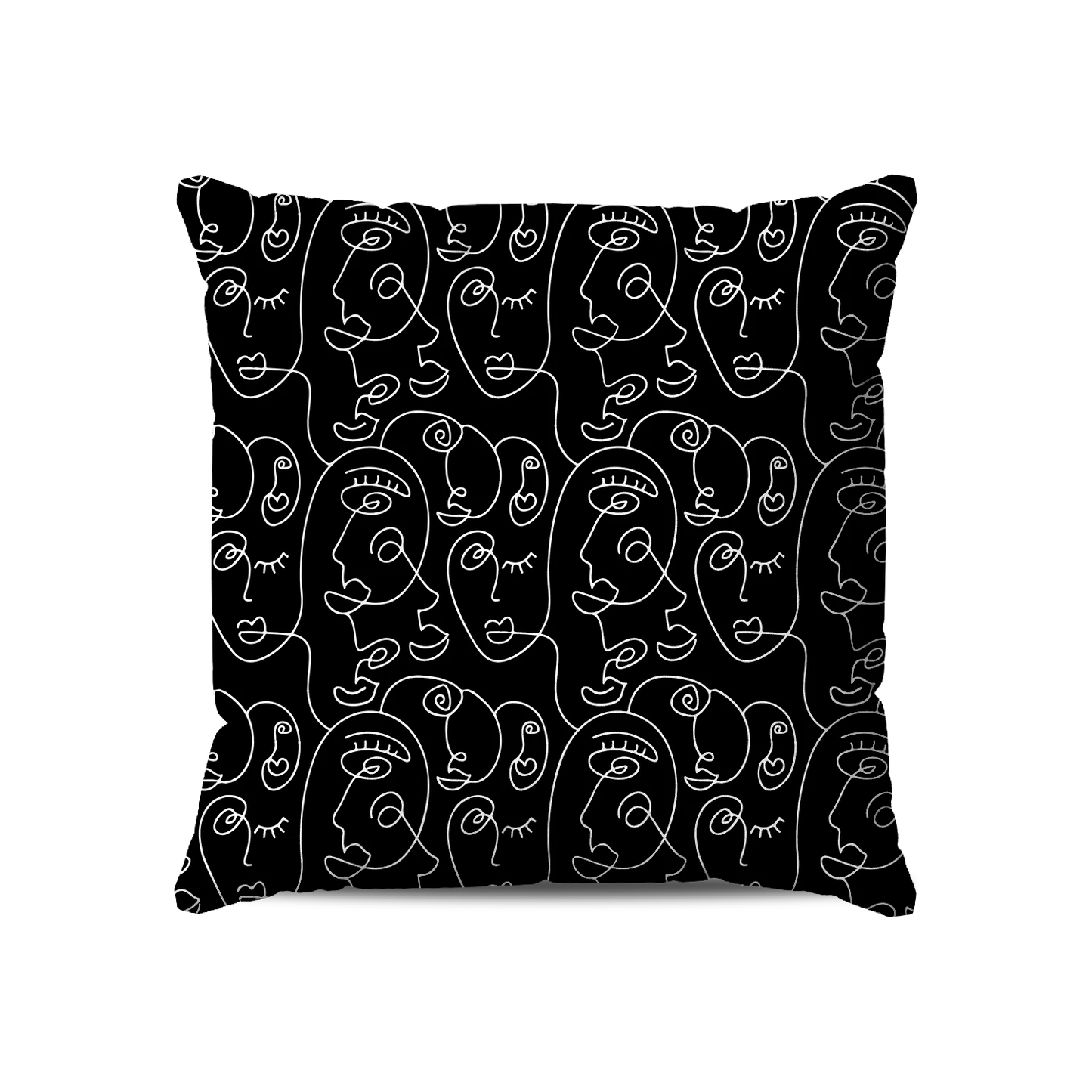 Coussin|  Collection One Line |  Visages Arrondis Abstraits – Blanc sur Fond Noir
